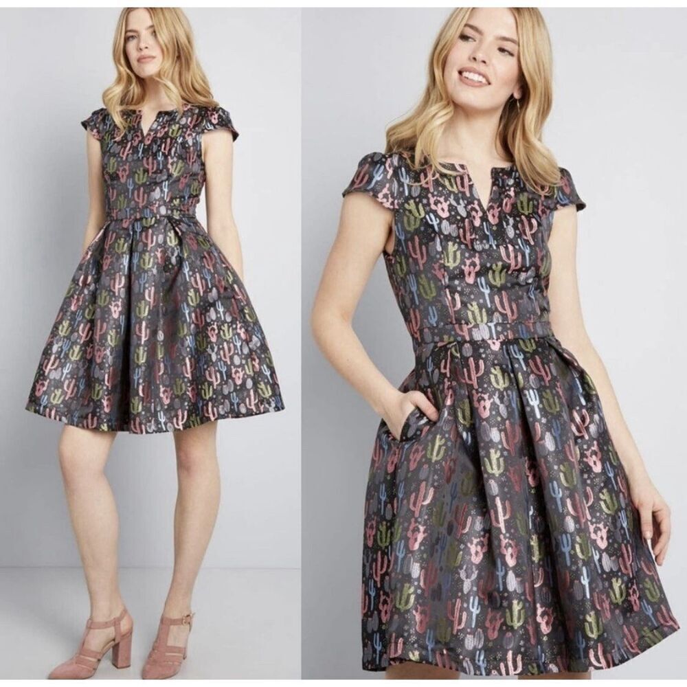 ModCloth Cactus Jacquard Fit & Flare Mini Dress Pockets Women’s 4 Pastels Black